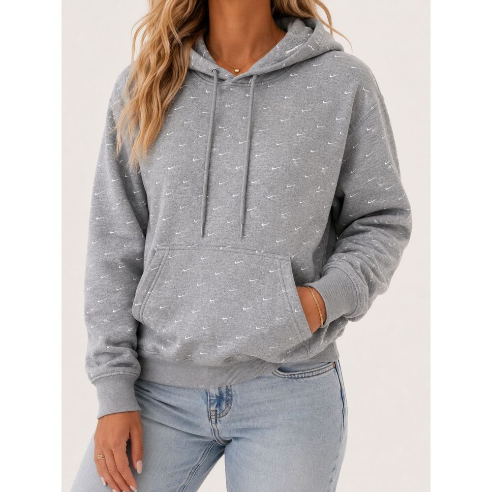 Nike Women's Mini Swoosh All Over Print Hoodie Gray Fleece Pullover Medium